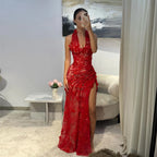 Midnight Bloom Halter Mermaid Evening Dress With Deep V Neck And 3D Floral Sequin Gown