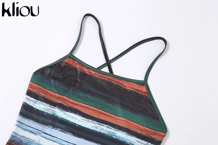 Vintage Panelled Striped Mini Dress With Slash Neck Backless Camisole