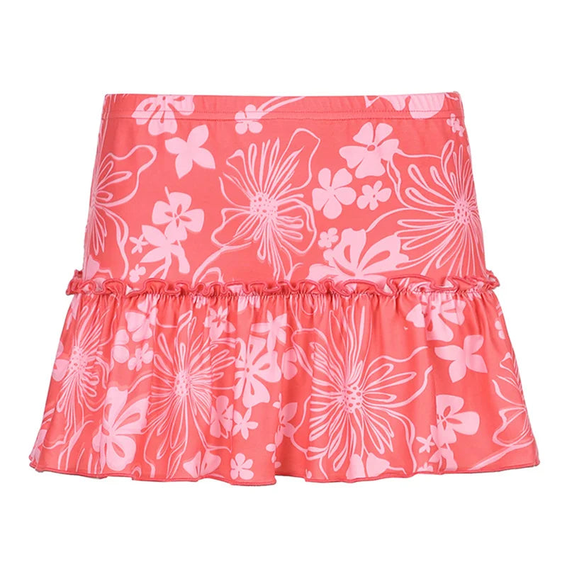 Ruffles A-Line Mini Skirt With Floral Print High Waist Frill Trim Above Knee