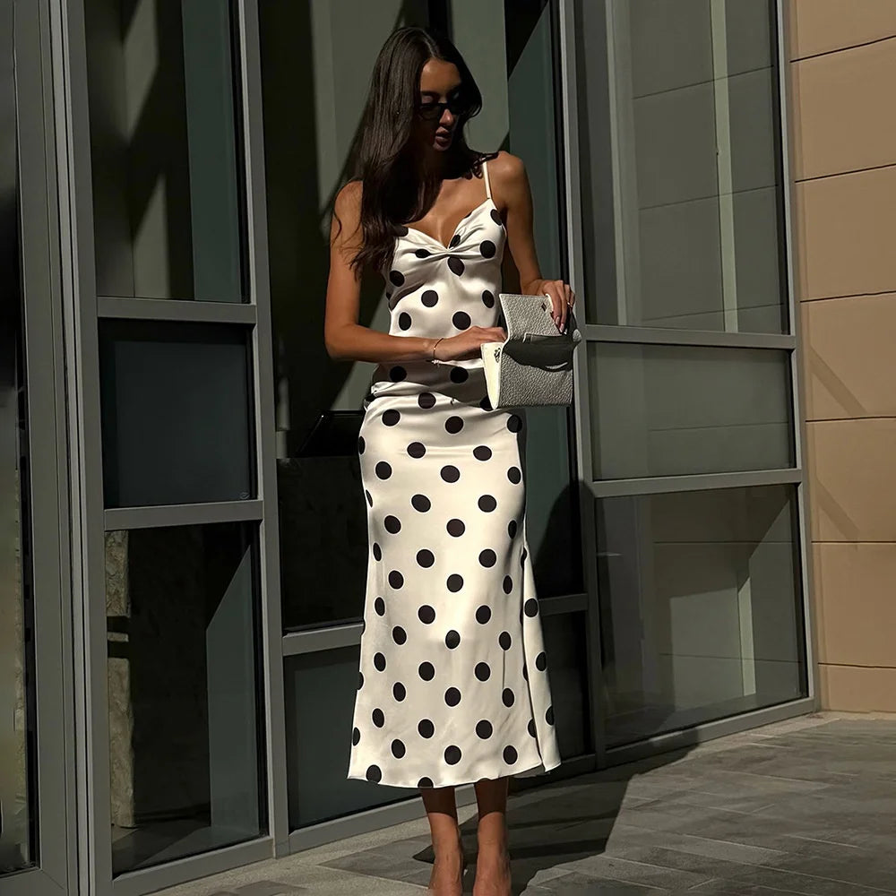 White Polka Dot Spaghetti Strap Maxi Dress With V Neck