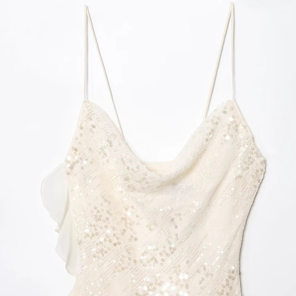 Vintage Sleeveless Dress With Laminated Decorative Sequins Breathable Chiffon