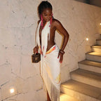 Chic Halter Maxi Dress Set With Fringe Deep V Backless Print