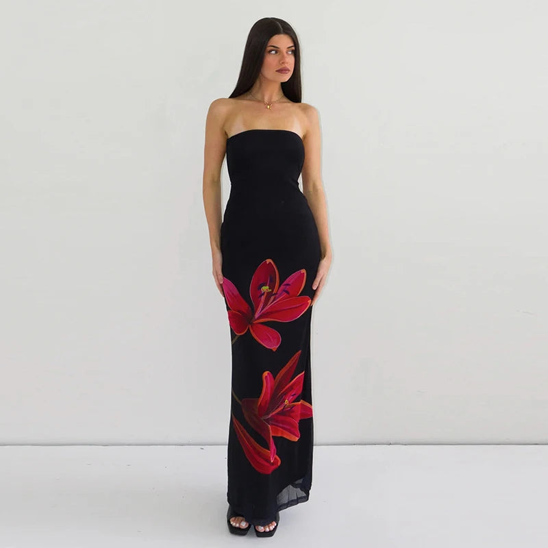 Backless Floral Bustier Maxi Dress With Lace Up Back And Cinched Waist
