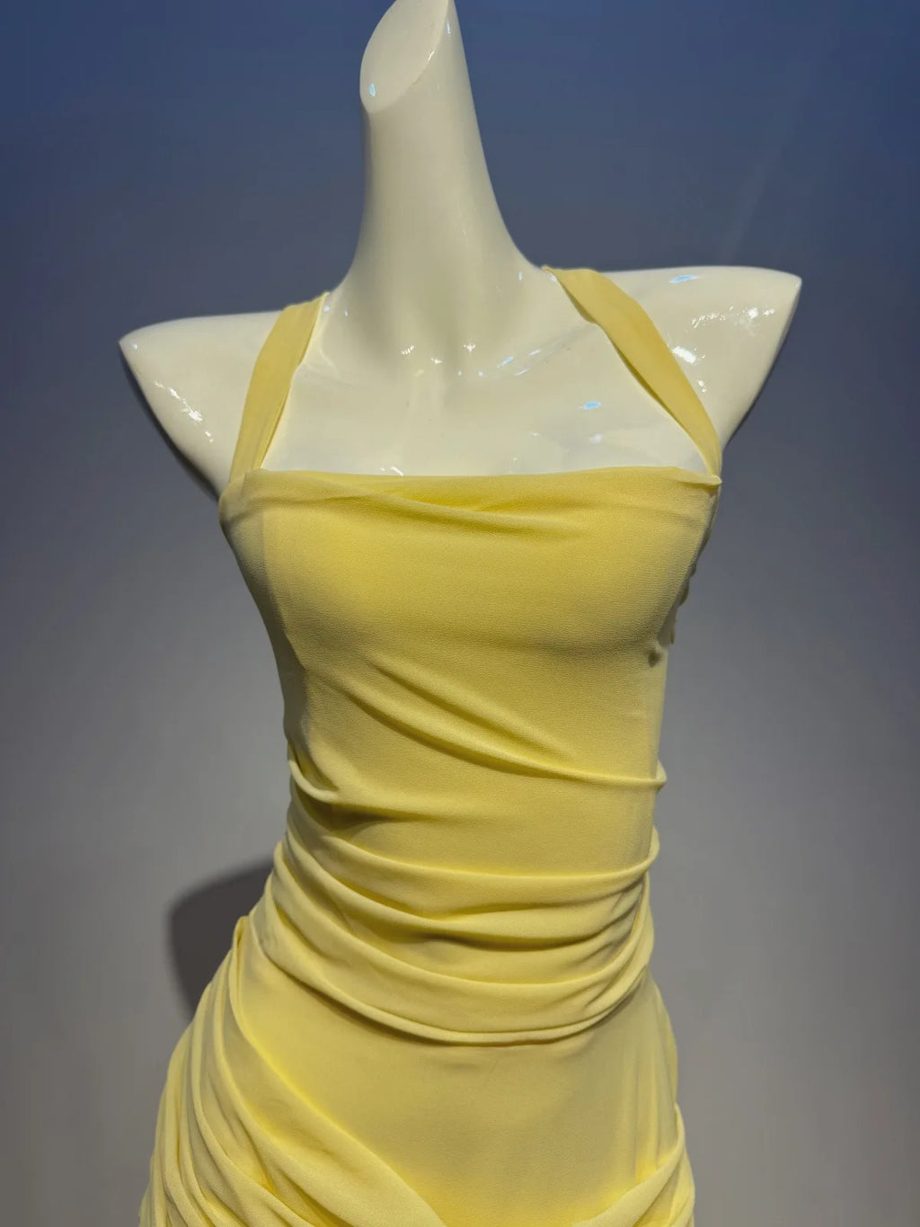 Yellow Chiffon Ruffled Halter Backless Dress