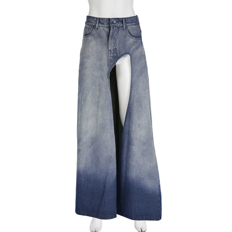 Urban Denim Skirt With Irregular Hem High Waist And Split