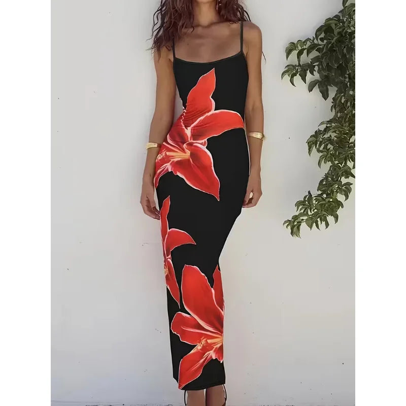 Floral Print Floor Length Dress With Low Cut Neckline Elegant Sling
