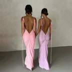 Backless Ruched Bodycon Pink V-Neck Strap Maxi Dress