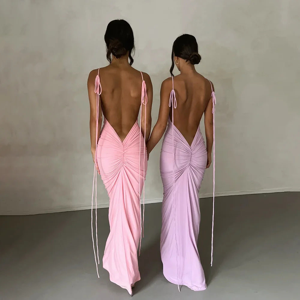 Backless Ruched Bodycon Pink V-Neck Strap Maxi Dress