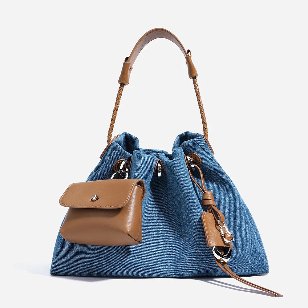 Boho Denim Patchwork Tote With Leather Trim And Versatile Drawstring Closure Bag