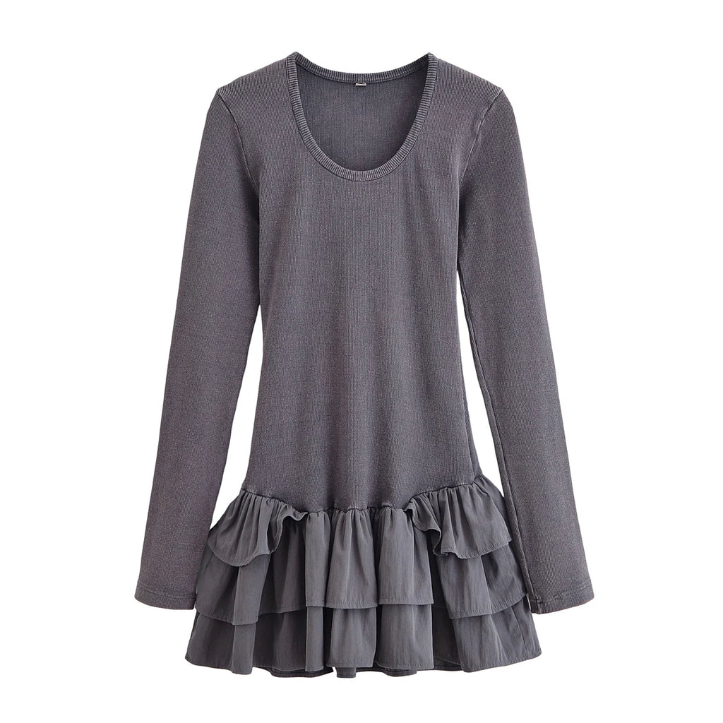 Washed Effect Layered Long Sleeve Dress With Decorative Details