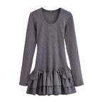 Washed Effect Layered Long Sleeve Dress With Decorative Details
