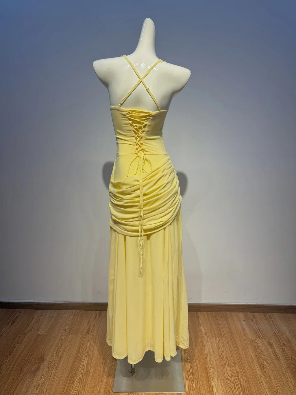 Yellow Chiffon Ruffled Halter Backless Dress