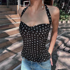 Polka Dot Princess Halter Tank With Ruffles Bust-Enhancing Backless Top Tie-Waist Charm