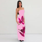 Backless Floral Bustier Maxi Dress With Lace Up Back And Cinched Waist