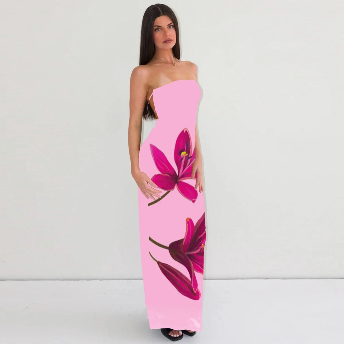 Backless Floral Bustier Maxi Dress With Lace Up Back And Cinched Waist