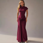 Vintage Short Sleeve Pleated Maxi  High Waist O-Neck Dress