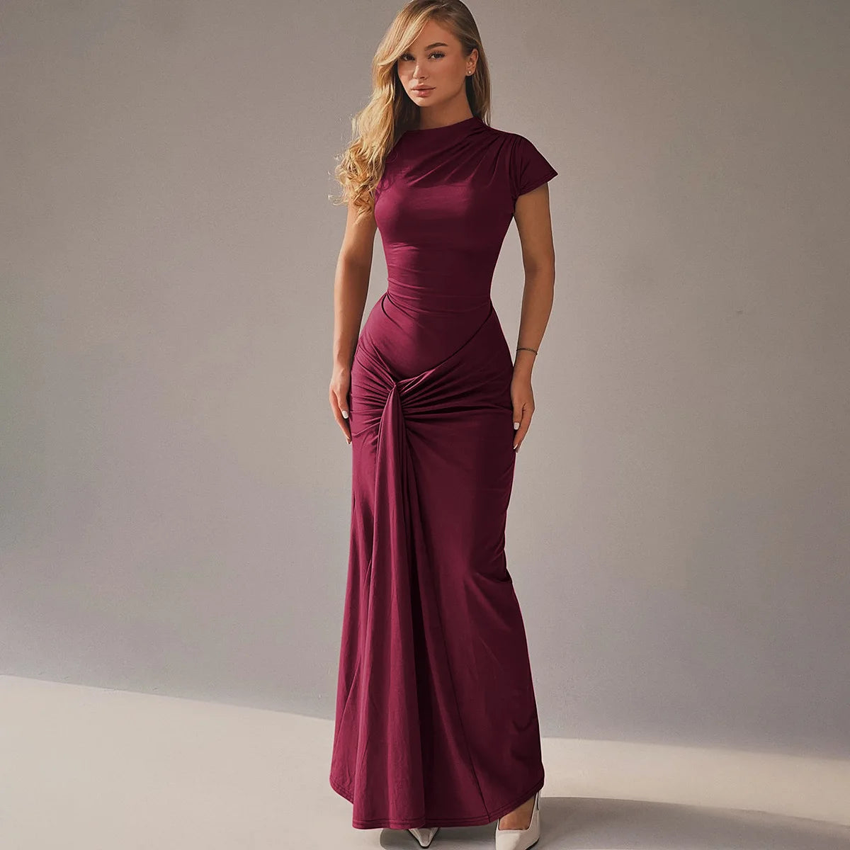 Vintage Short Sleeve Pleated Maxi  High Waist O-Neck Dress