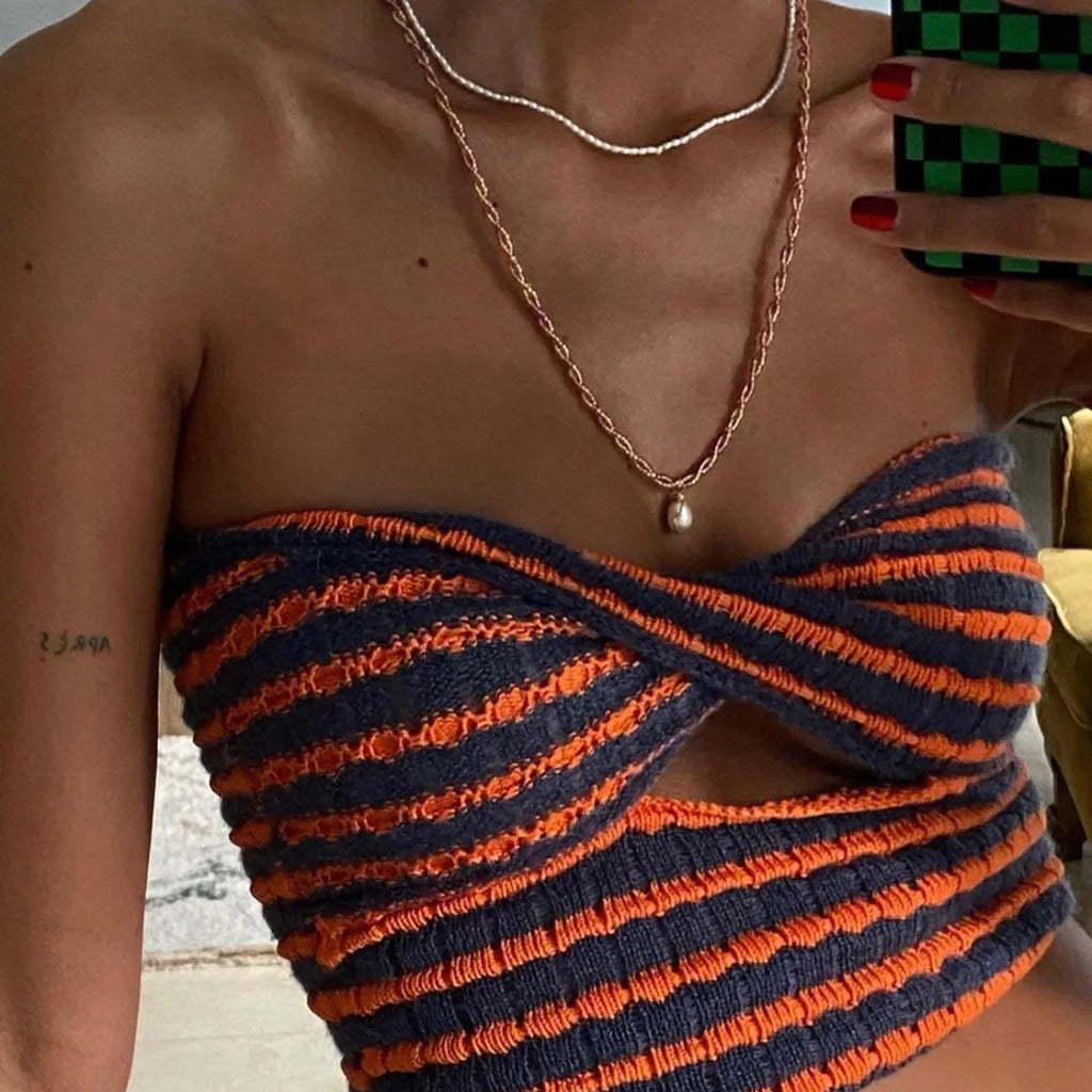 Off Shoulder Knit Tube Top With Stripe Backless Bustier Cropped