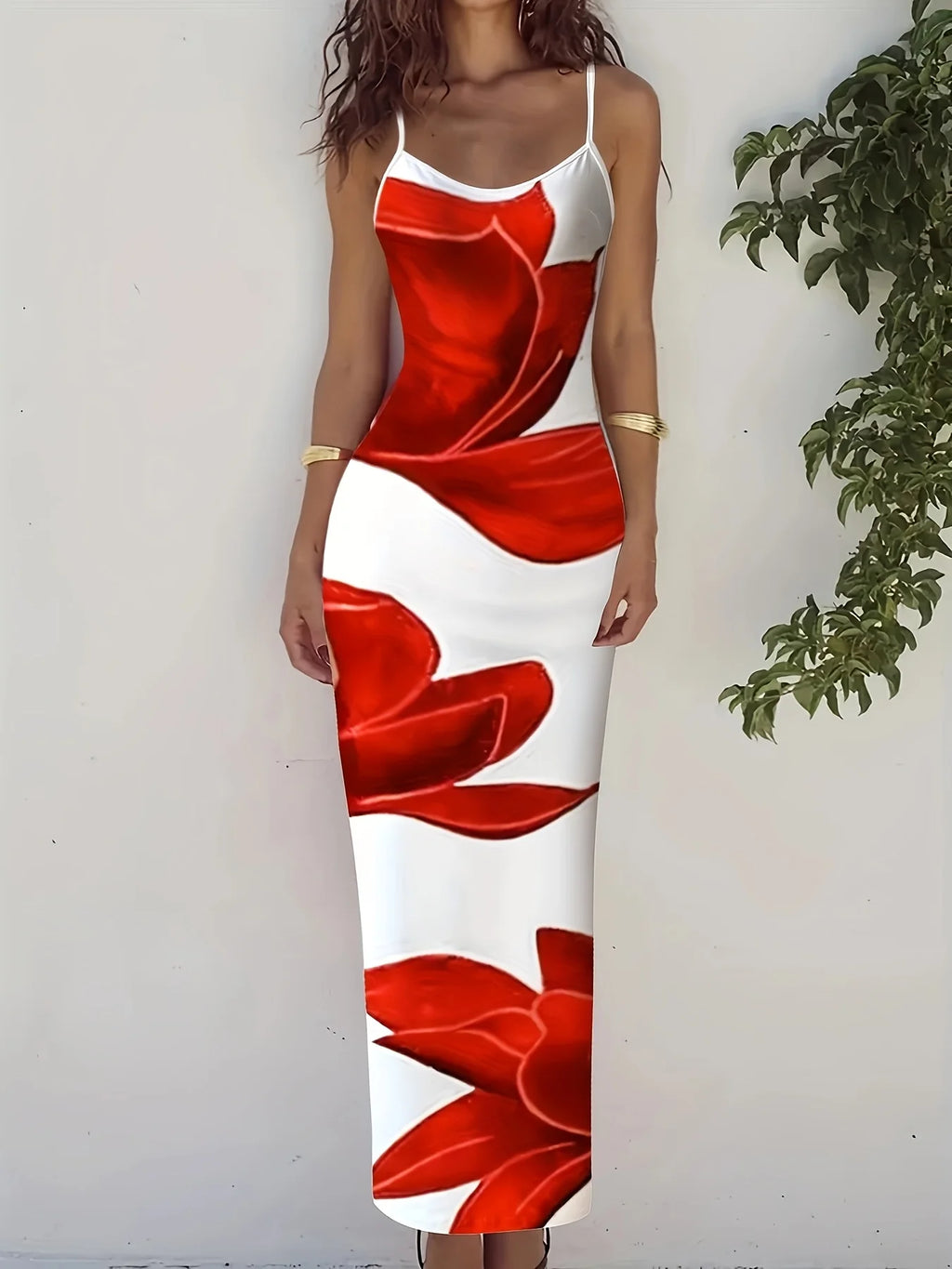 Floral Print Floor Length Dress With Low Cut Neckline Elegant Sling