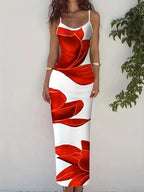 Floral Print Floor Length Dress With Low Cut Neckline Elegant Sling