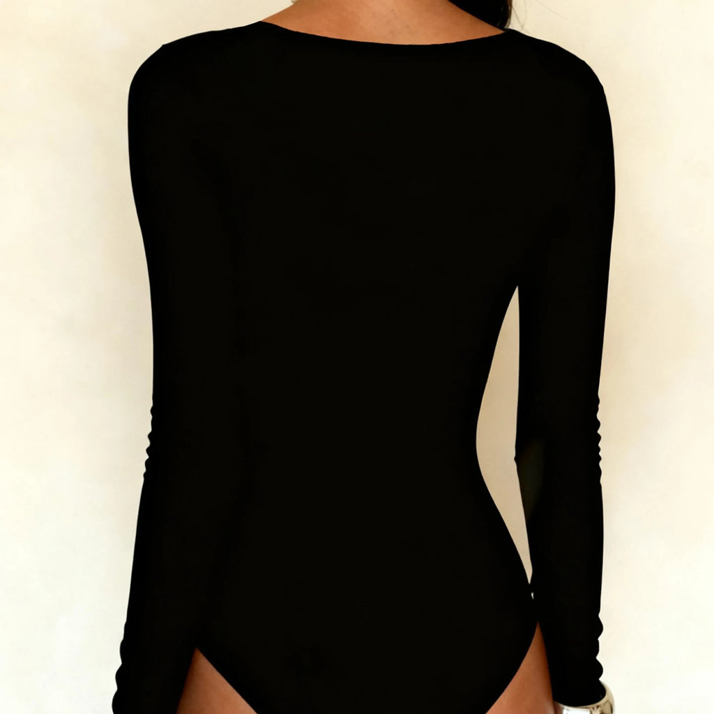 Black Lace Trim Deep V Bodysuit With Hollow Cross Detailing Long Sleeve