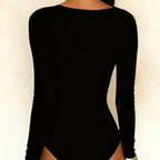 Black Lace Trim Deep V Bodysuit With Hollow Cross Detailing Long Sleeve