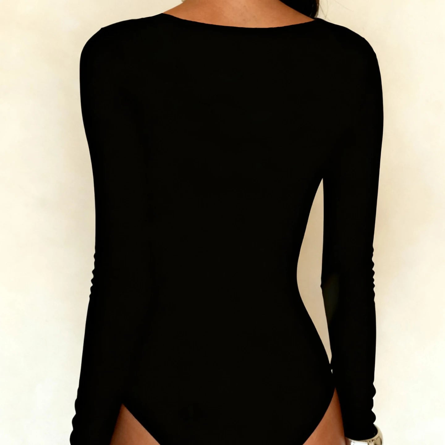 Black Lace Trim Deep V Bodysuit With Hollow Cross Detailing Long Sleeve