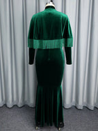 Long Sleeve Velvet Tassel Cape Evening Gown Emerald Green