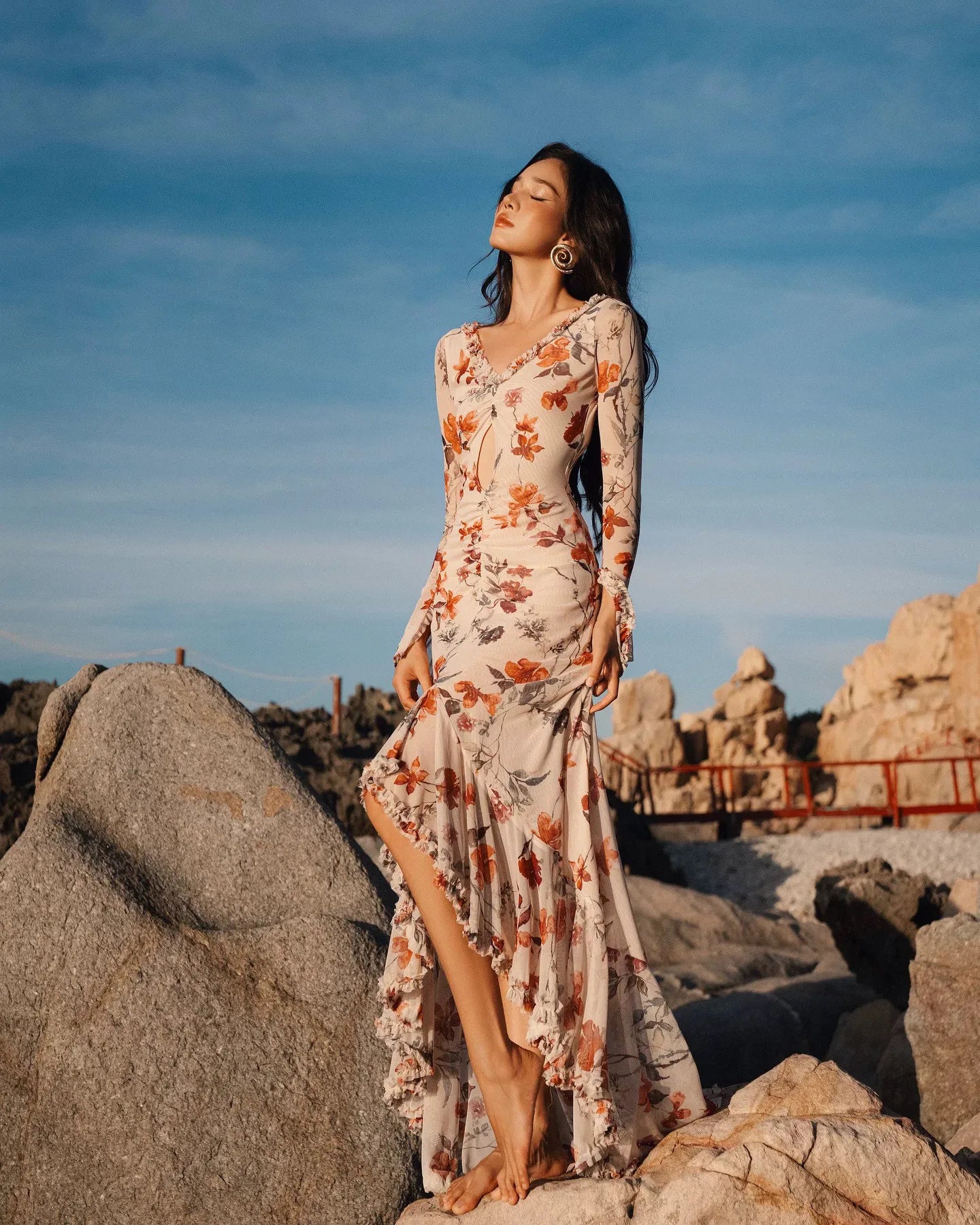 Floral Print Maxi Dress With V Neck And Split Hem Long Sleeve Beach Party Evening Wear
