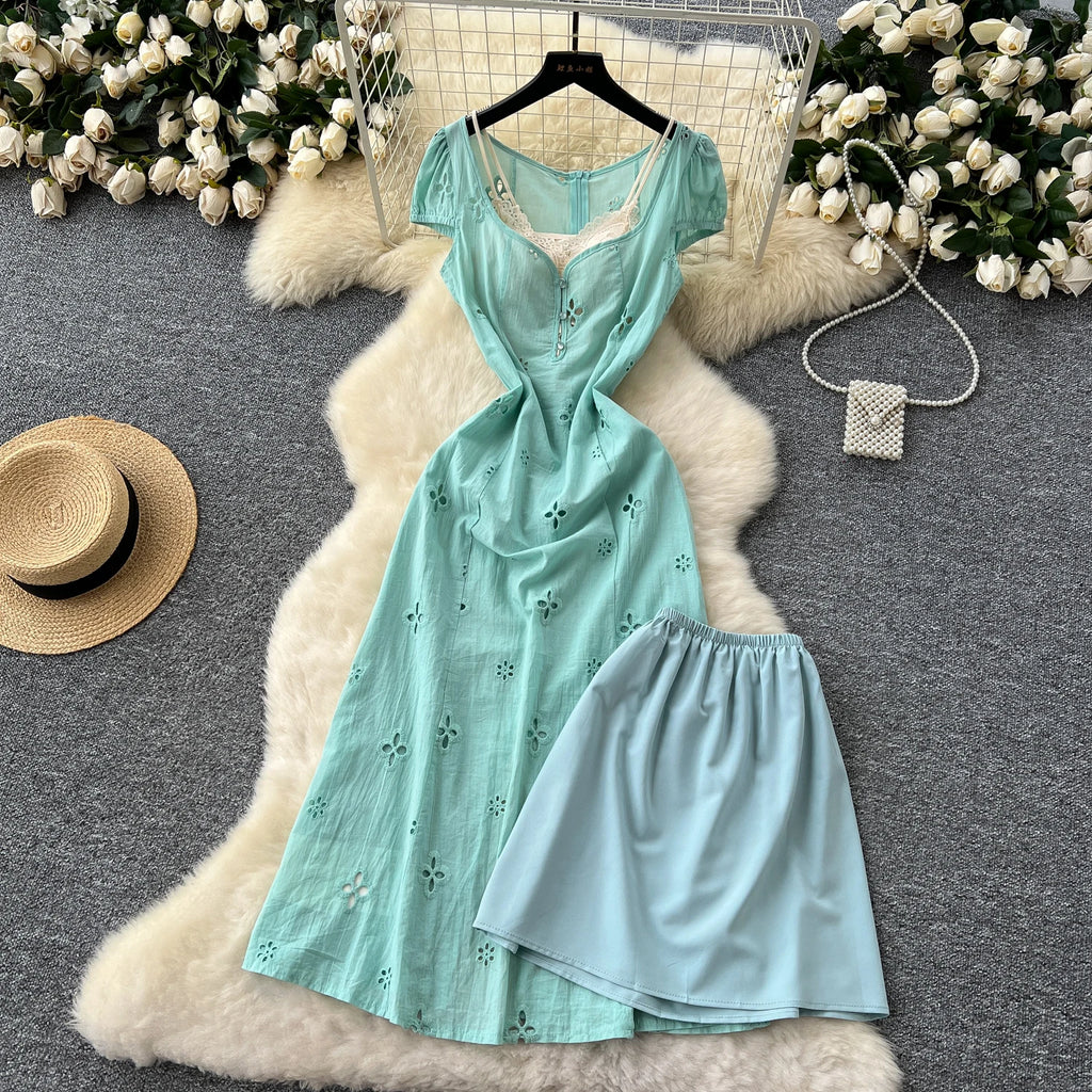 Sun Midi Dress With Empire Waist Embroidery And Lace Hollow Out Details