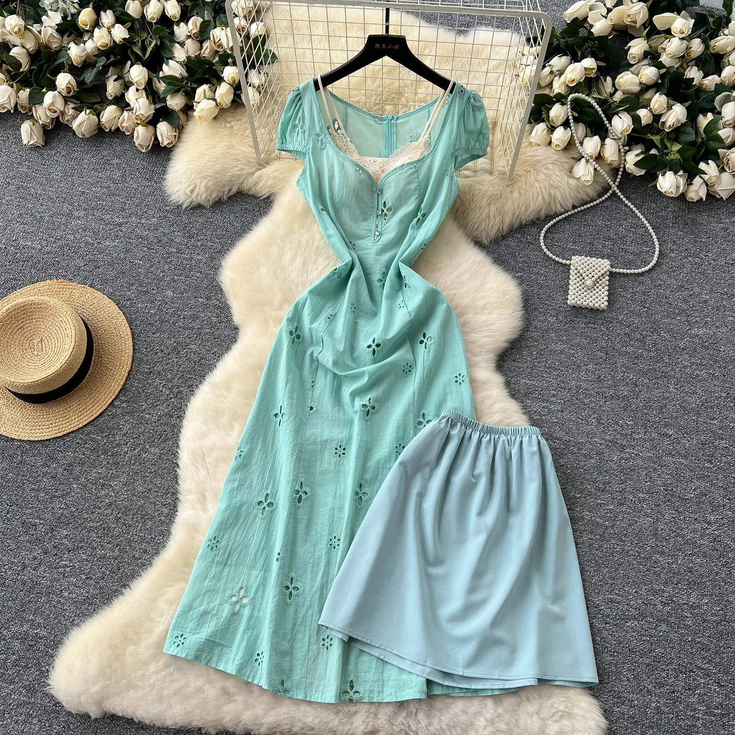 Sun Midi Dress With Empire Waist Embroidery And Lace Hollow Out Details