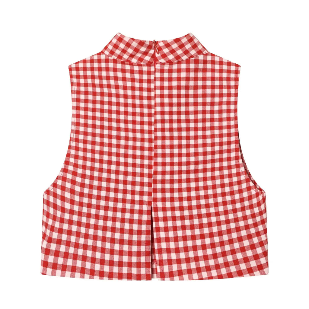 Plaid Sleeveless High-Neck Vest and Retro Mid-Waist Trousers Set in Breathable Anti-Wrinkle Fabric
