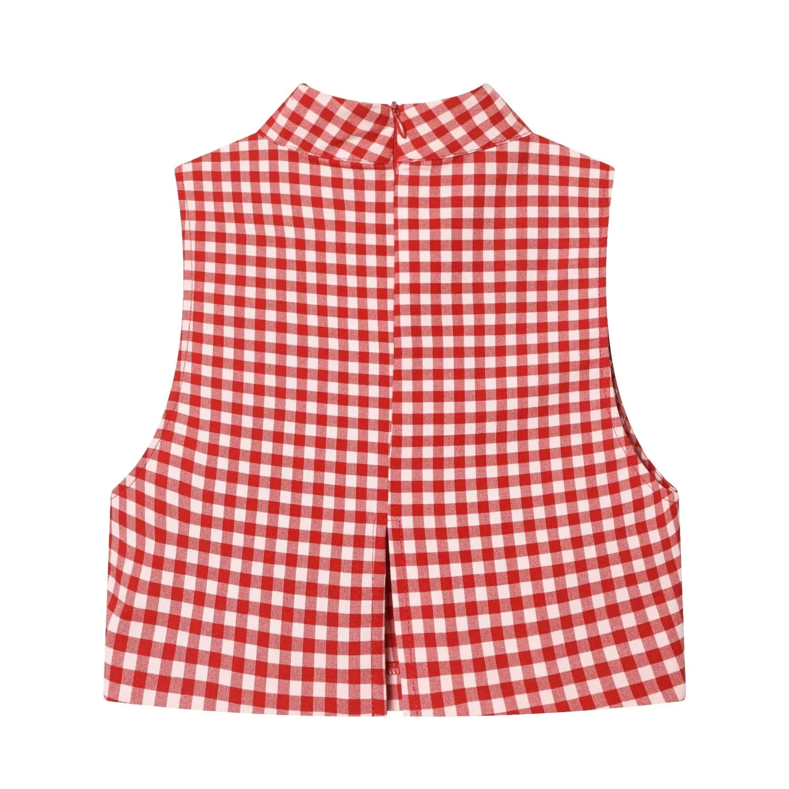 Plaid Sleeveless High-Neck Vest and Retro Mid-Waist Trousers Set in Breathable Anti-Wrinkle Fabric
