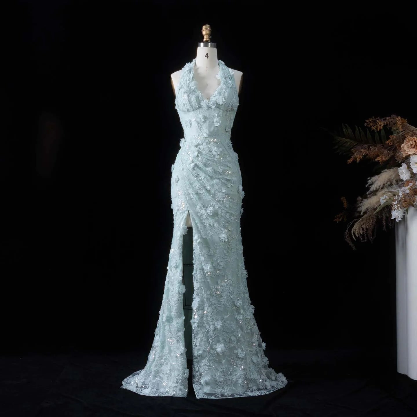 Midnight Bloom Halter Mermaid Evening Dress With Deep V Neck And 3D Floral Sequin Gown