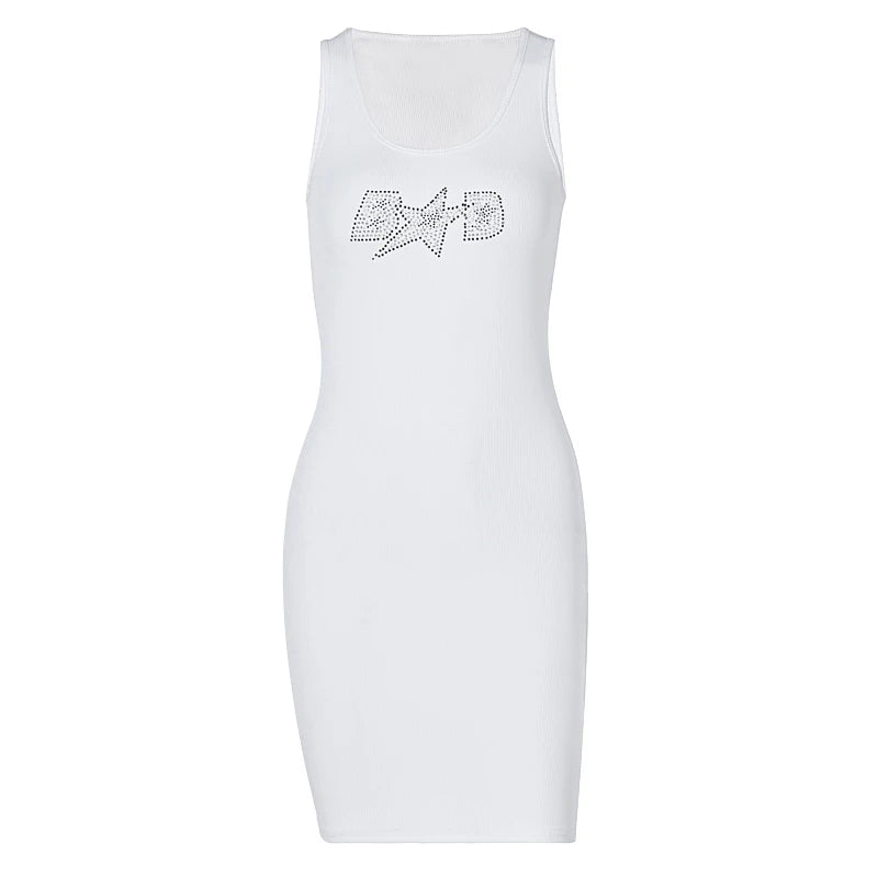 Sequined Letter Print Mini Sundress Sleeveless Partywear