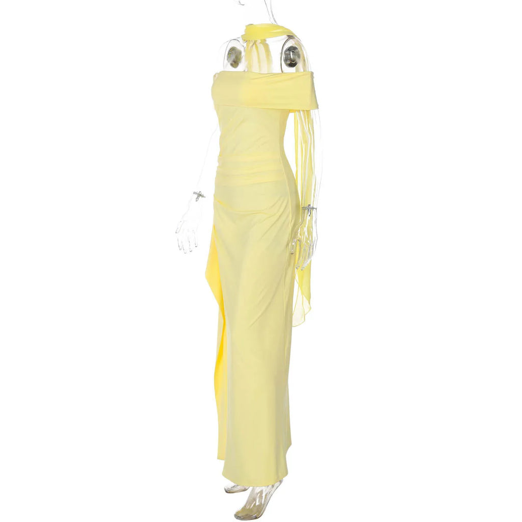 Yellow Off-the-Shoulder Side Split Maxi Bodycon Dress