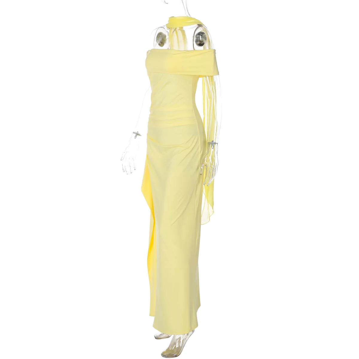 Yellow Off-the-Shoulder Side Split Maxi Bodycon Dress