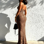 Leopard Print Spaghetti Strap Bodycon Maxi Dress