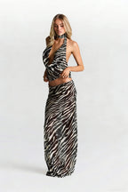 Zebra Print Two Piece Set With Deep V Neck Tank And Fitted Skirt