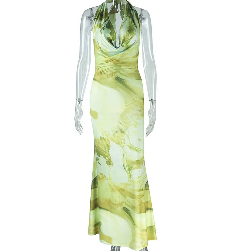 Yellow Green Patchwork Mesh Halter Maxi Dress