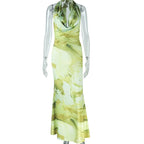 Yellow Green Patchwork Mesh Halter Maxi Dress