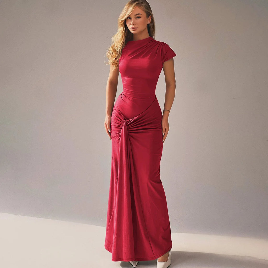Vintage Short Sleeve Pleated Maxi  High Waist O-Neck Dress