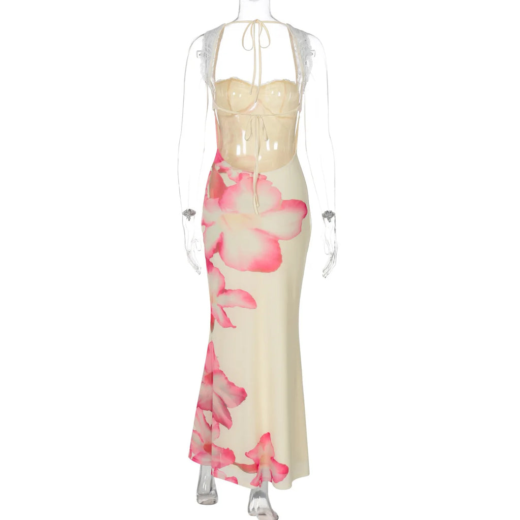 Romantic Lace Backless Maxi Dress With Floral Mesh
