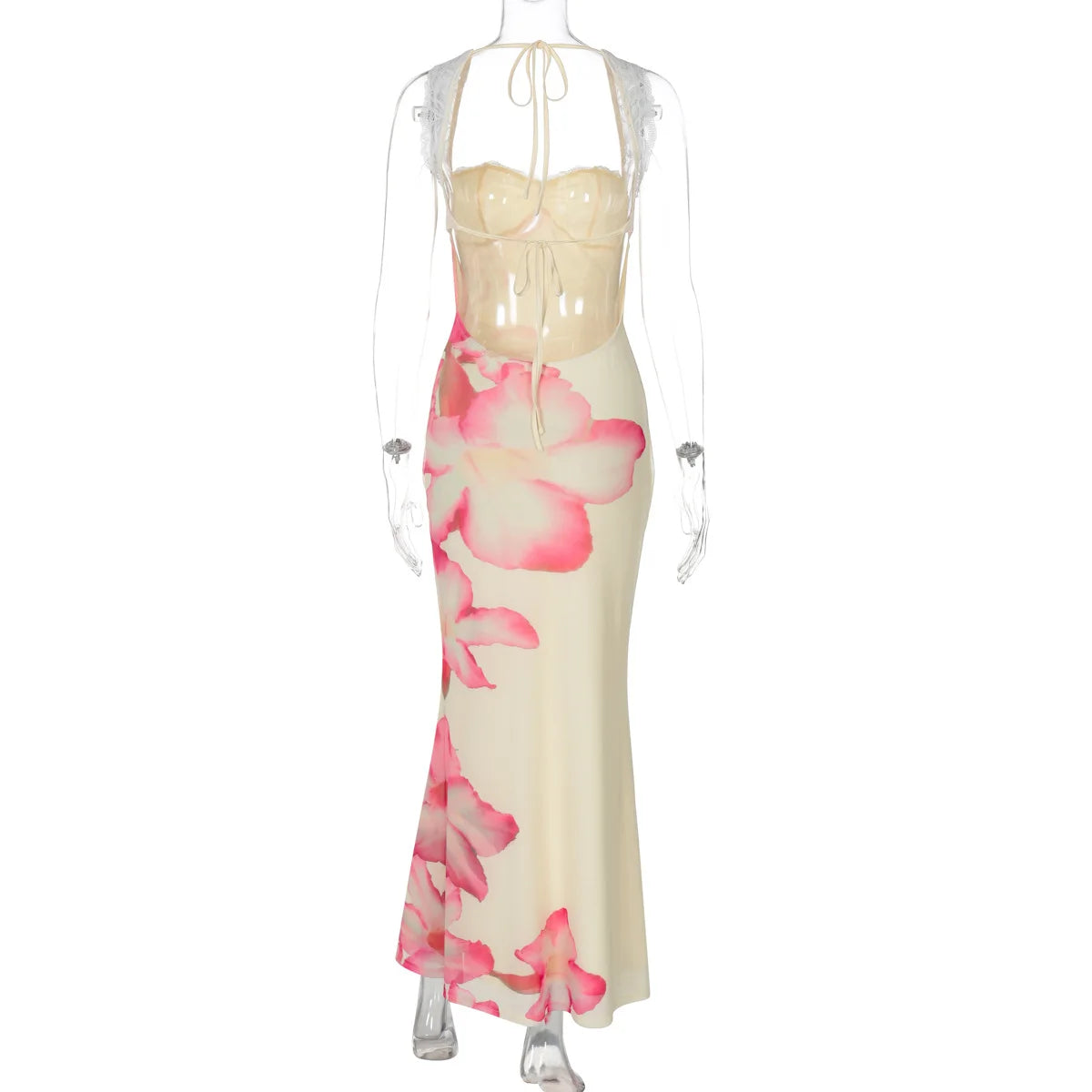 Romantic Lace Backless Maxi Dress With Floral Mesh