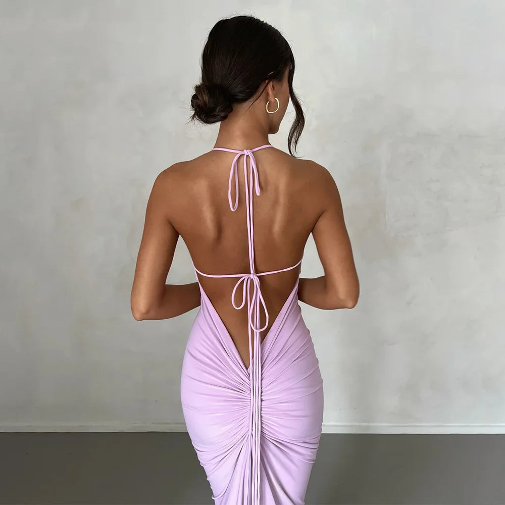 Backless Ruched Bodycon Pink V-Neck Strap Maxi Dress