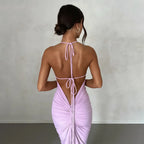 Backless Ruched Bodycon Pink V-Neck Strap Maxi Dress