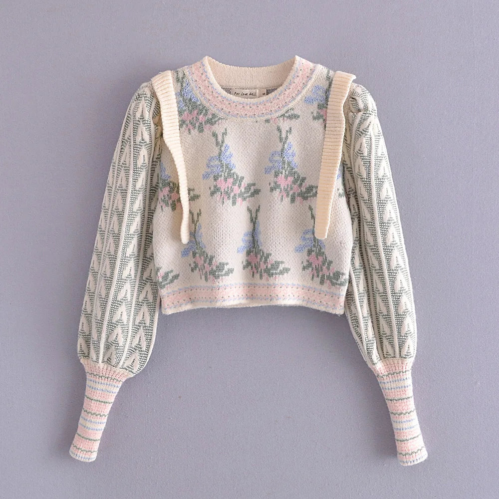 Front Wood Ears Ruffles Jacquard Cropped Sweater Vintage O neck Puff Sleeve Pullovers Short Jumper Knitwear