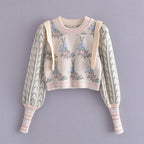 Front Wood Ears Ruffles Jacquard Cropped Sweater Vintage O neck Puff Sleeve Pullovers Short Jumper Knitwear