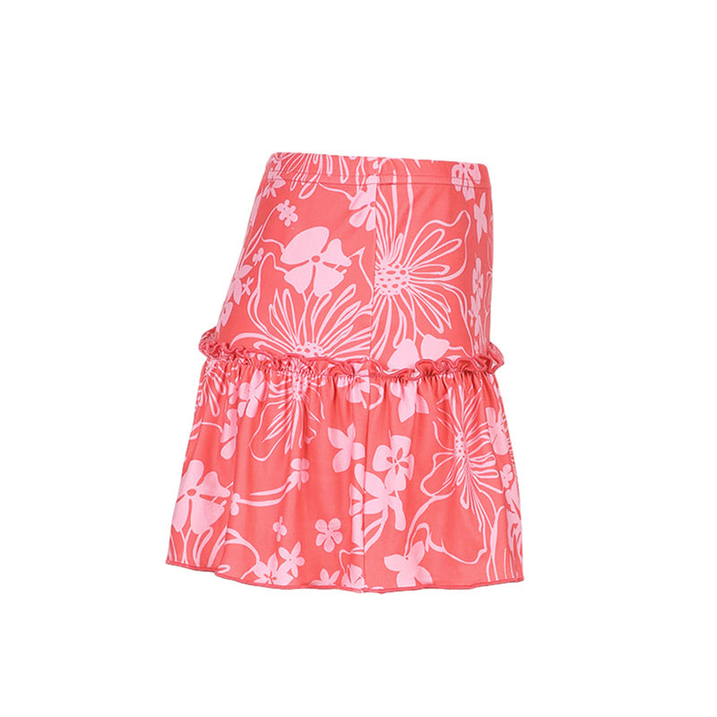 Ruffles A-Line Mini Skirt With Floral Print High Waist Frill Trim Above Knee