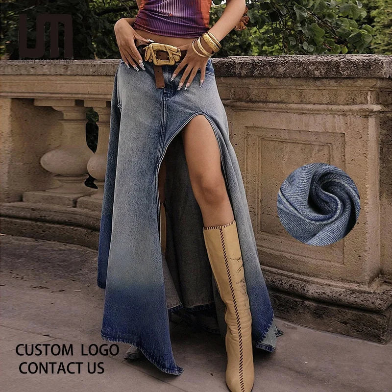 Urban Denim Skirt With Irregular Hem High Waist And Split